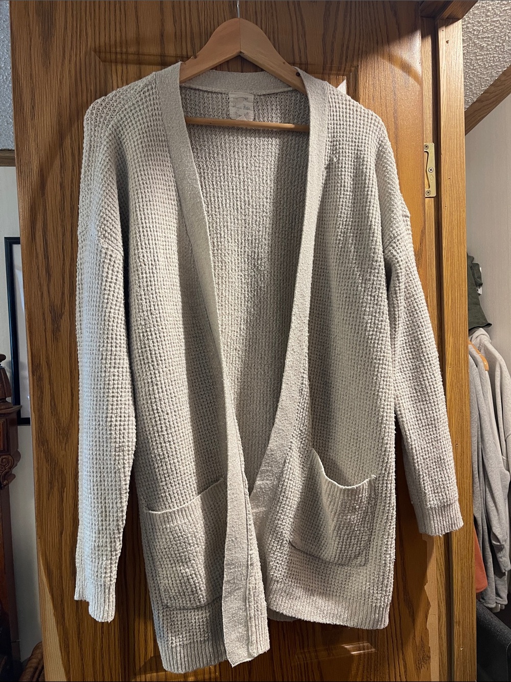 Hippie Rose Open-Front Waffle Knit Cardigan - Light Gray